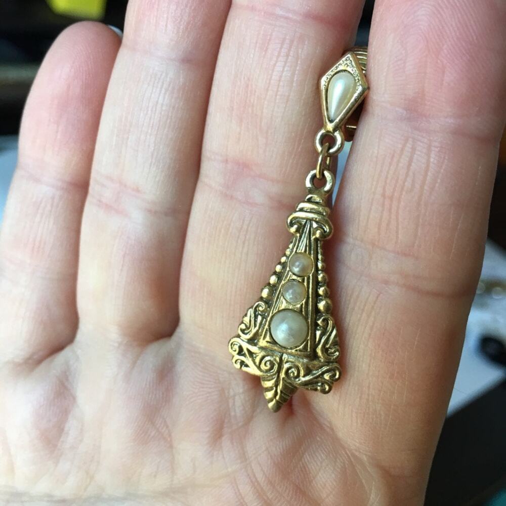 Ornate gold tone and faux pearl accent clip on earrings - Picture 7 of 7